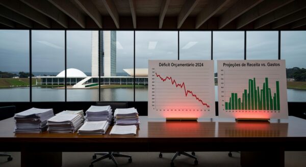 Documentos fiscais com gráficos de declínio no Distrito Federal, representando vulnerabilidades do 3º quadrimestre de 2025 na CLDF.