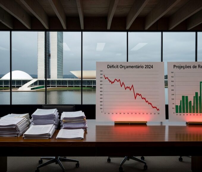 Documentos fiscais com gráficos de declínio no Distrito Federal, representando vulnerabilidades do 3º quadrimestre de 2025 na CLDF.