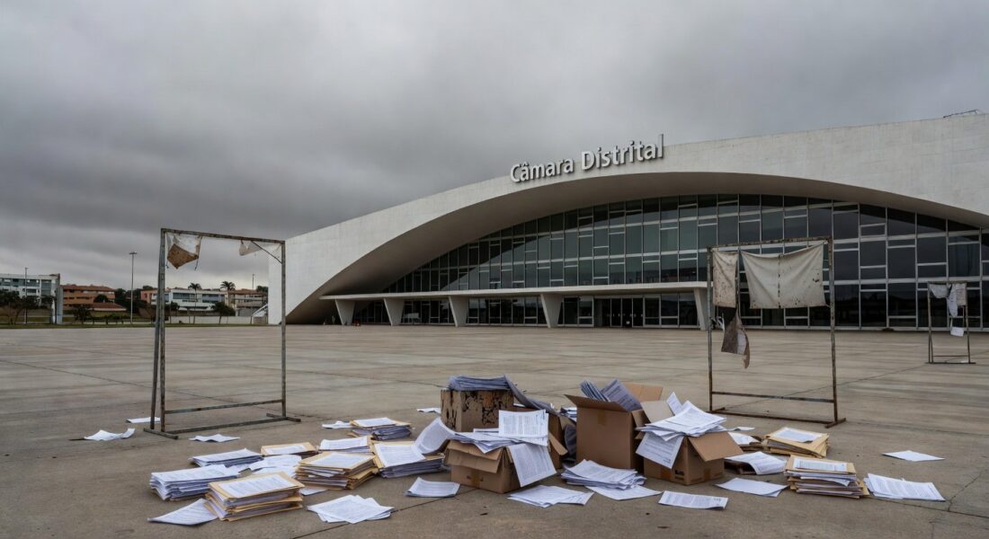 Edifício da Câmara Legislativa do DF em Brasília, com símbolos de homenagem e crises ignoradas, sob céu nublado.