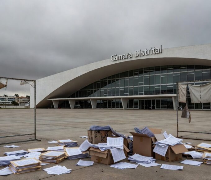 Edifício da Câmara Legislativa do DF em Brasília, com símbolos de homenagem e crises ignoradas, sob céu nublado.