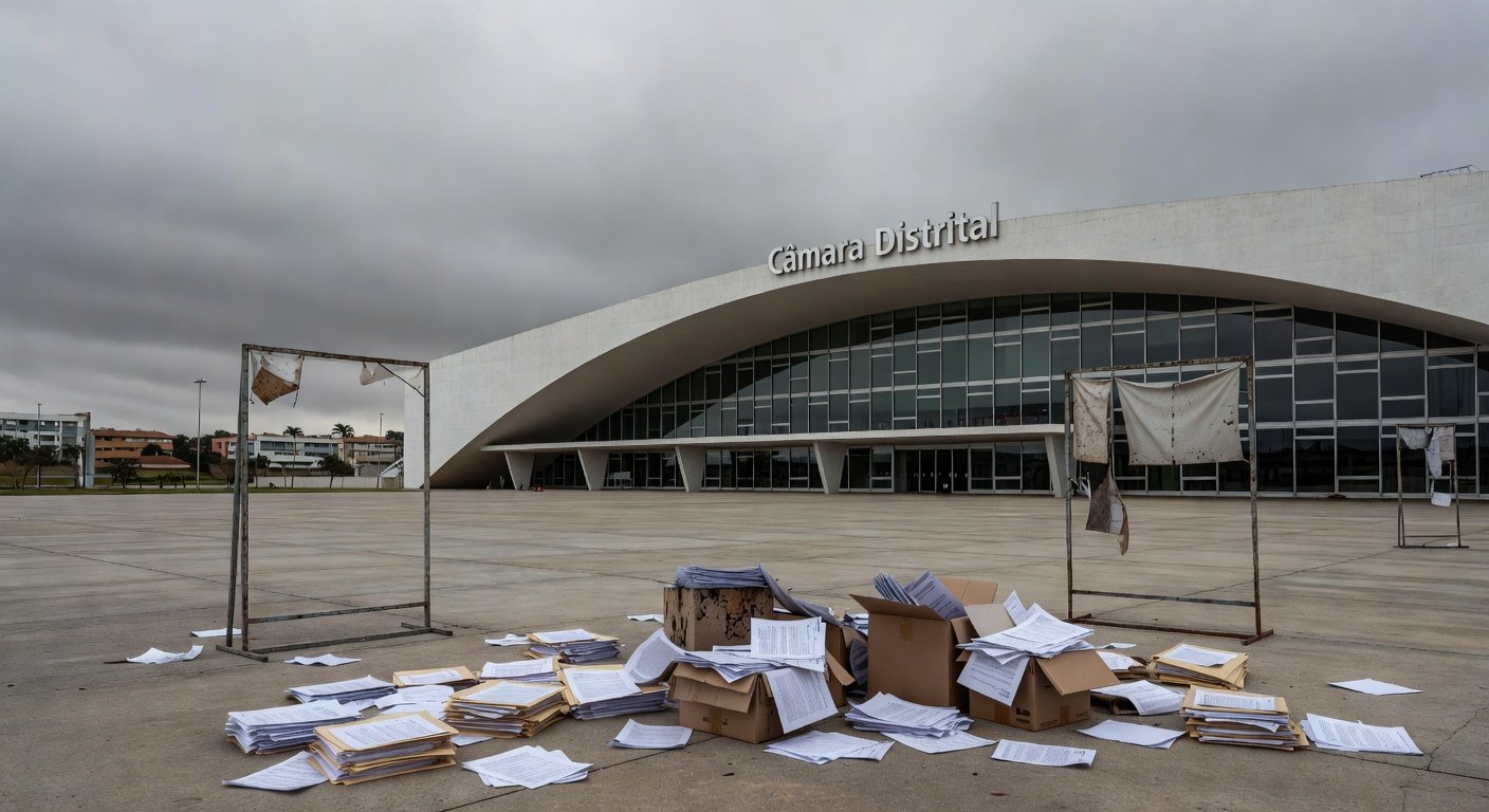 Edifício da Câmara Legislativa do DF em Brasília, com símbolos de homenagem e crises ignoradas, sob céu nublado.