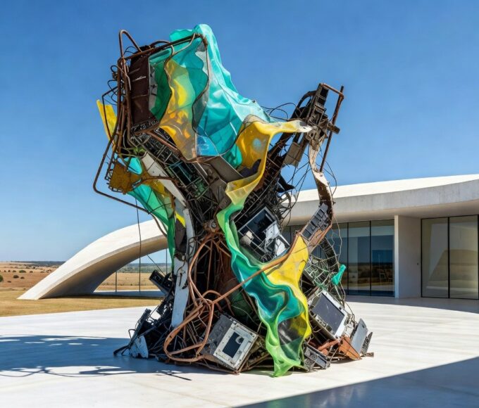 Instalação artística de sucata criticando sustentabilidade em exposição em Brasília.