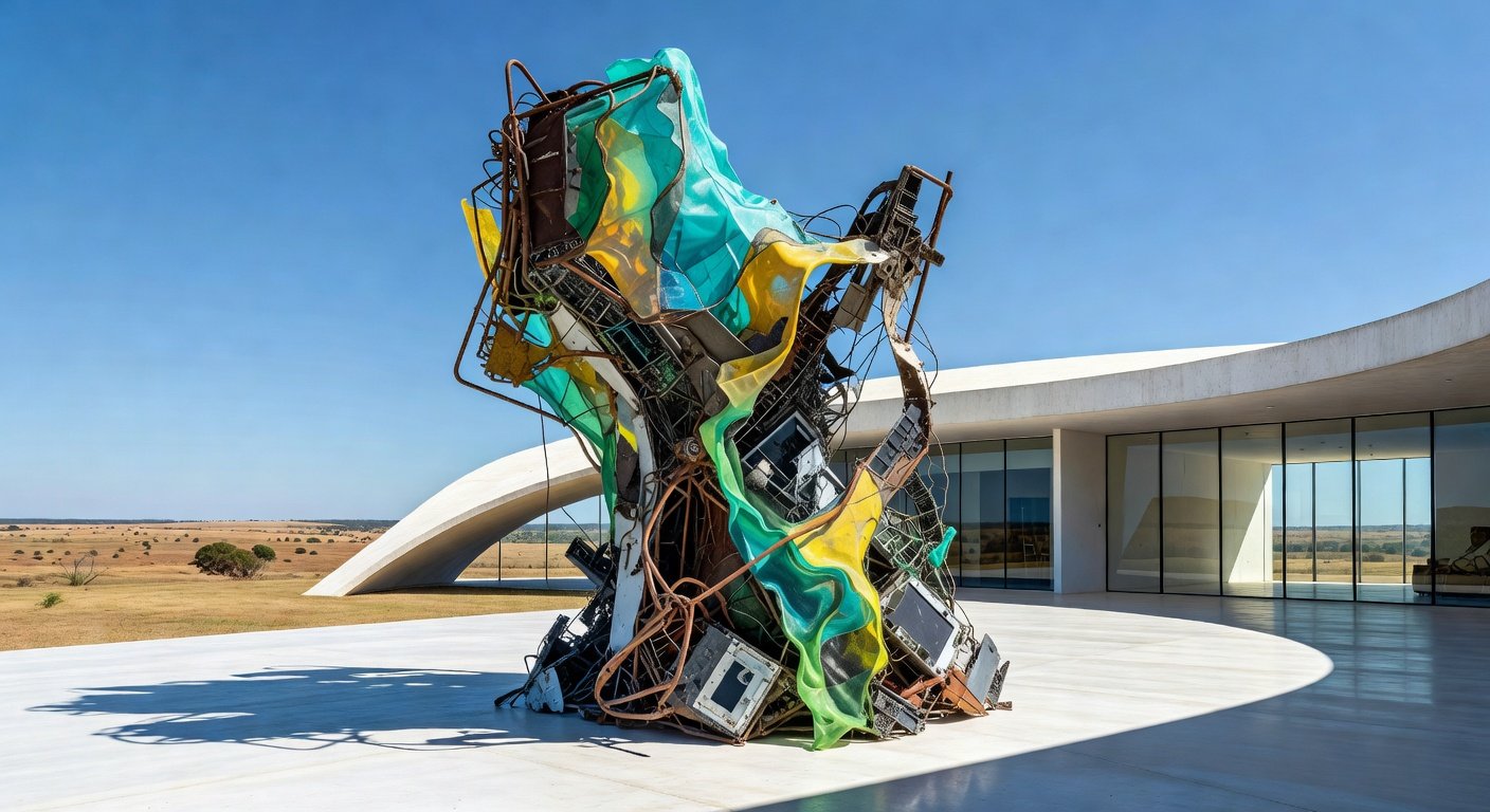 Instalação artística de sucata criticando sustentabilidade em exposição em Brasília.