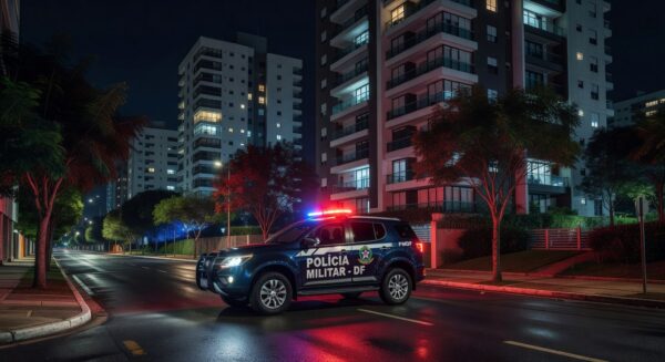Viatura da polícia em rua de Águas Claras, representando caso de estupro por falso policial.