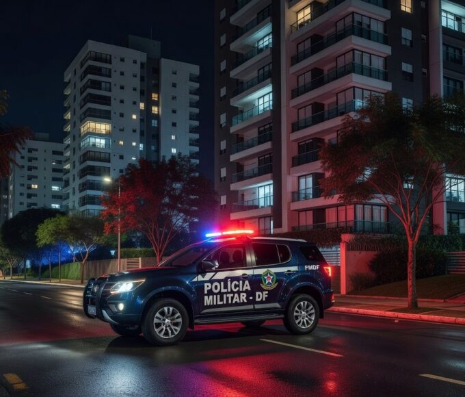 Viatura da polícia em rua de Águas Claras, representando caso de estupro por falso policial.
