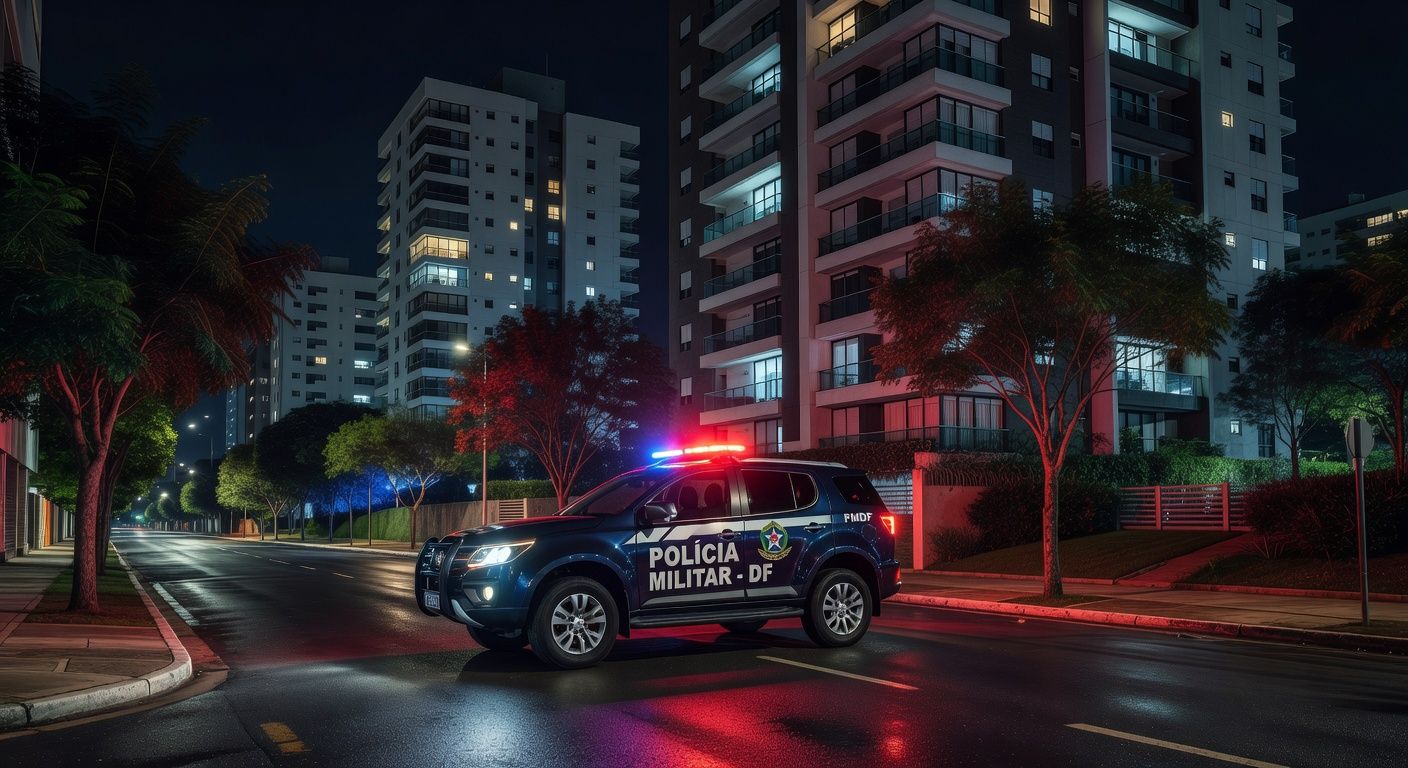 Viatura da polícia em rua de Águas Claras, representando caso de estupro por falso policial.