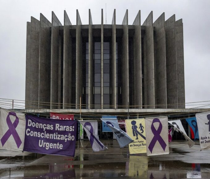 Banner com listras de zebra no prédio da CLDF em Brasília, destacando falhas no sistema de saúde para doenças raras.