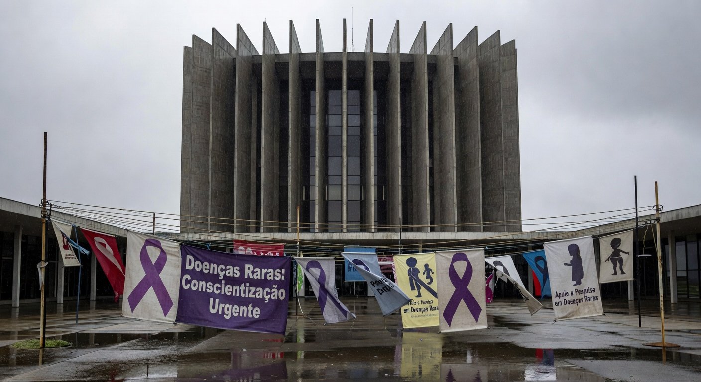 Banner com listras de zebra no prédio da CLDF em Brasília, destacando falhas no sistema de saúde para doenças raras.