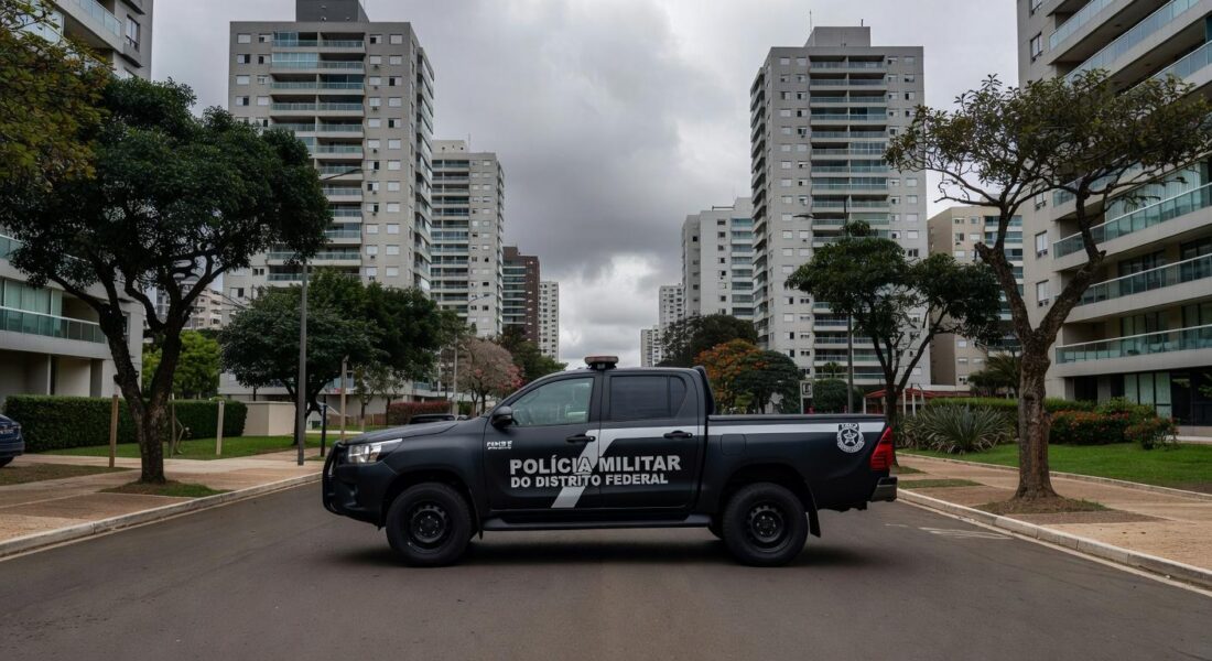Viatura da PMDF em rua de Águas Claras, representando prisão de sargento por auxílio em caso de estupro.