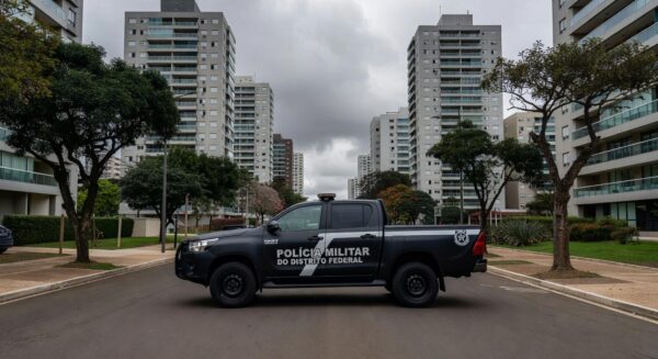 Viatura da PMDF em rua de Águas Claras, representando prisão de sargento por auxílio em caso de estupro.