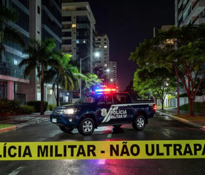 Viatura da polícia estacionada em rua de Águas Claras, Brasília, durante operação noturna contra crime.
