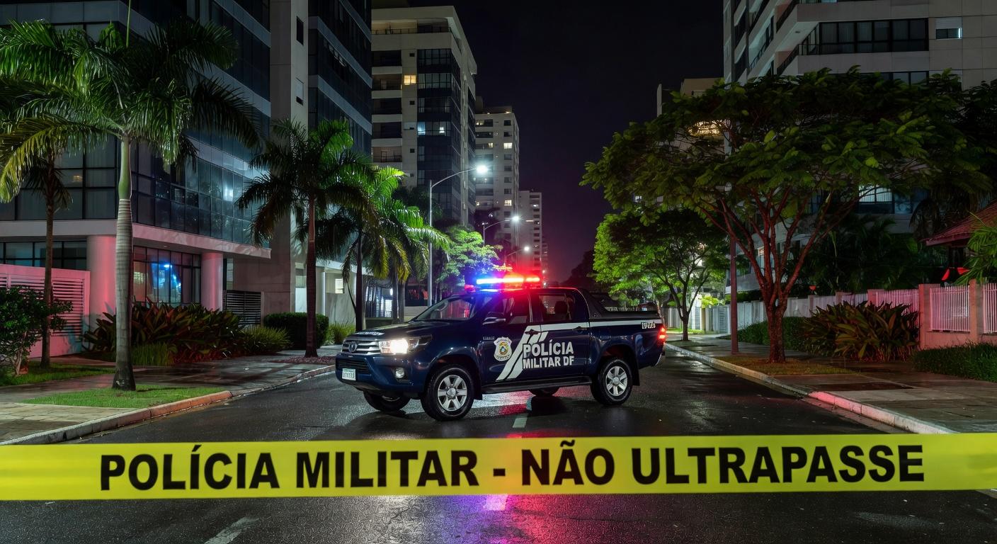 Viatura da polícia estacionada em rua de Águas Claras, Brasília, durante operação noturna contra crime.