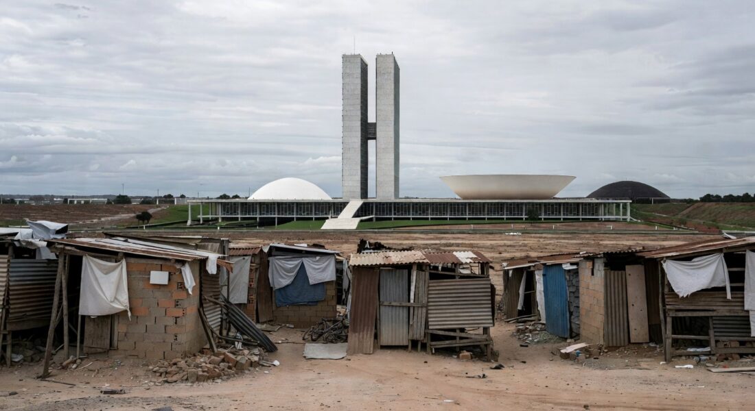 Imagem de contrastes urbanos em Brasília expondo falhas na proteção social no DF.