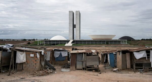 Imagem de contrastes urbanos em Brasília expondo falhas na proteção social no DF.