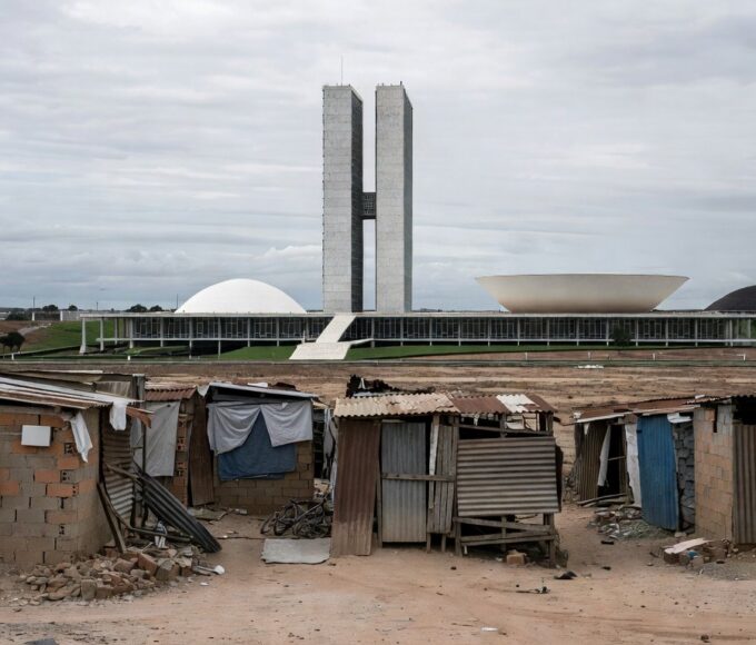 Imagem de contrastes urbanos em Brasília expondo falhas na proteção social no DF.
