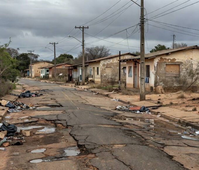 Rua abandonada em Riacho Fundo I, com casas deterioradas e lixo, simbolizando 36 anos de promessas não cumpridas no Distrito Federal.