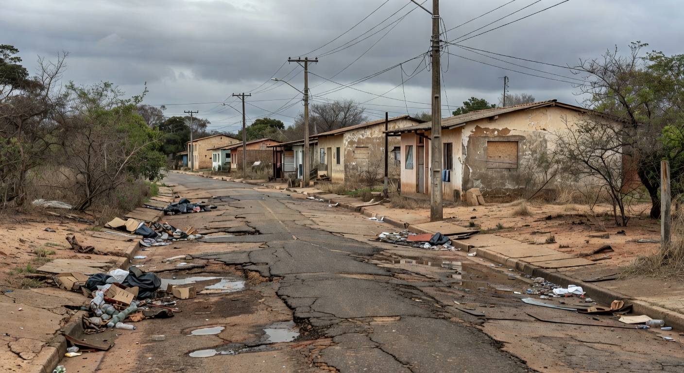 Rua abandonada em Riacho Fundo I, com casas deterioradas e lixo, simbolizando 36 anos de promessas não cumpridas no Distrito Federal.