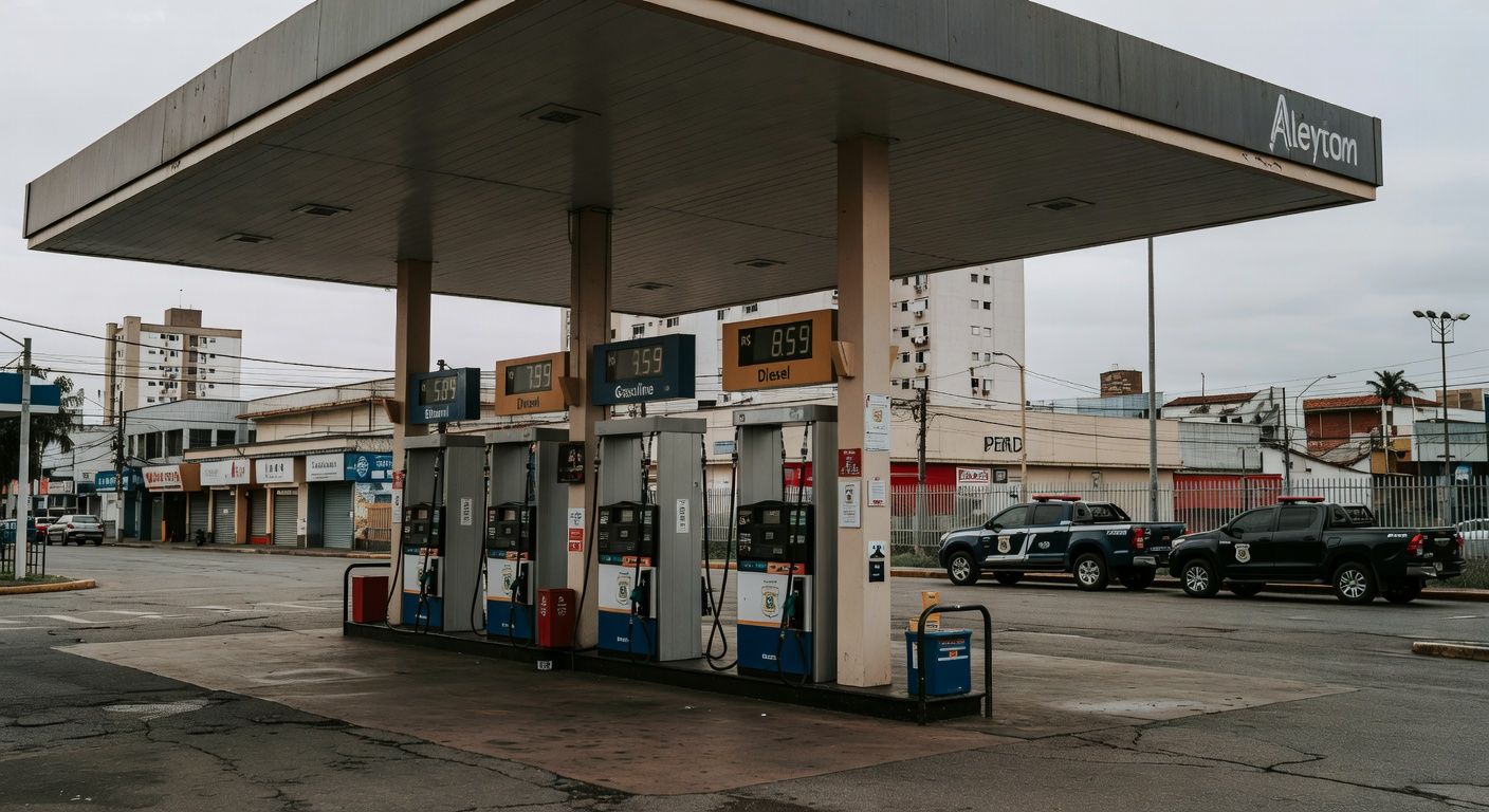 Posto de gasolina no Brasil com preços altos de combustíveis e viaturas da Polícia Federal, ilustrando investigação de aumentos abusivos.