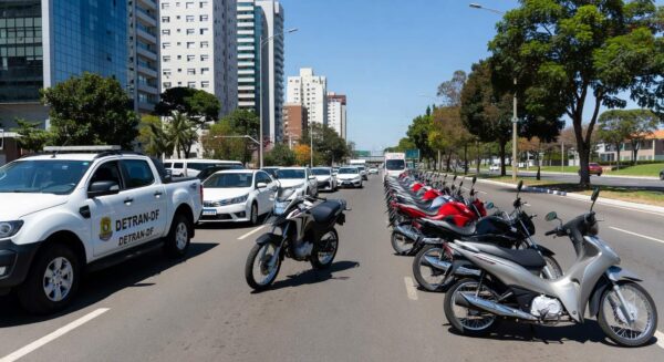 Operação de trânsito do Detran-DF em Águas Claras com viaturas e motocicletas paradas na avenida.