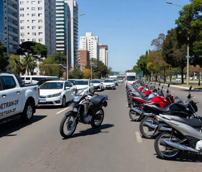 Operação de trânsito do Detran-DF em Águas Claras com viaturas e motocicletas paradas na avenida.
