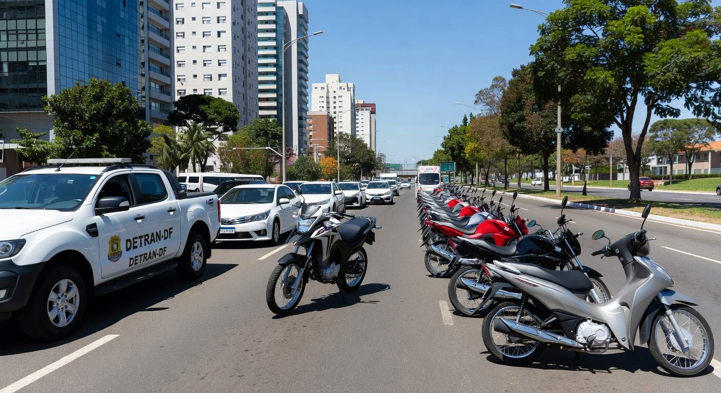 Operação de trânsito do Detran-DF em Águas Claras com viaturas e motocicletas paradas na avenida.