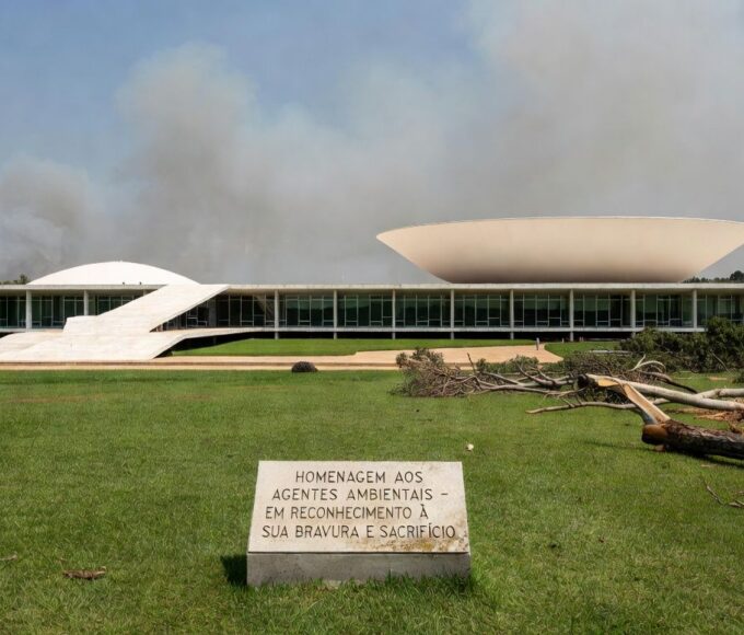 Edifício da CLDF em Brasília com área verde degradada, representando críticas a homenagem questionável a agentes ambientais.
