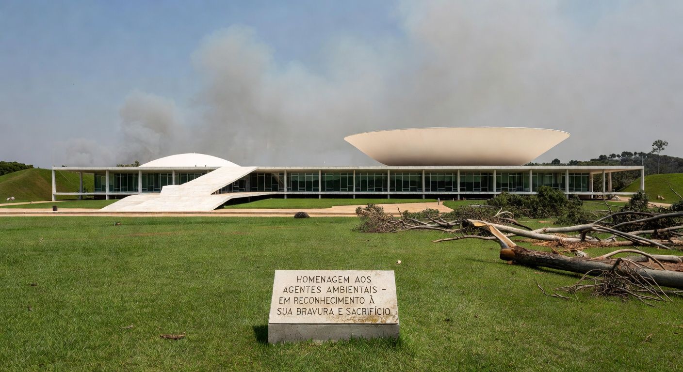 Edifício da CLDF em Brasília com área verde degradada, representando críticas a homenagem questionável a agentes ambientais.