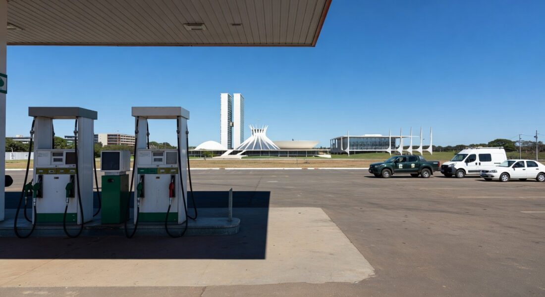 Posto de gasolina em Brasília com bombas de combustível e viaturas de fiscalização, ilustrando operação contra preços abusivos na gasolina.