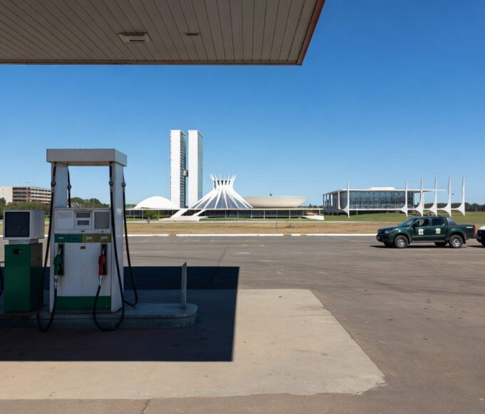 Posto de gasolina em Brasília com bombas de combustível e viaturas de fiscalização, ilustrando operação contra preços abusivos na gasolina.