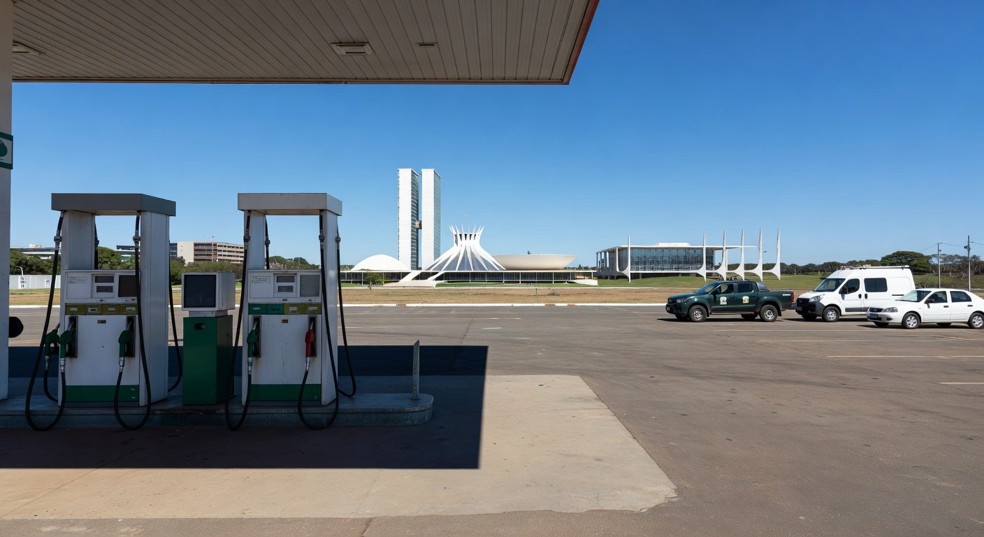Posto de gasolina em Brasília com bombas de combustível e viaturas de fiscalização, ilustrando operação contra preços abusivos na gasolina.