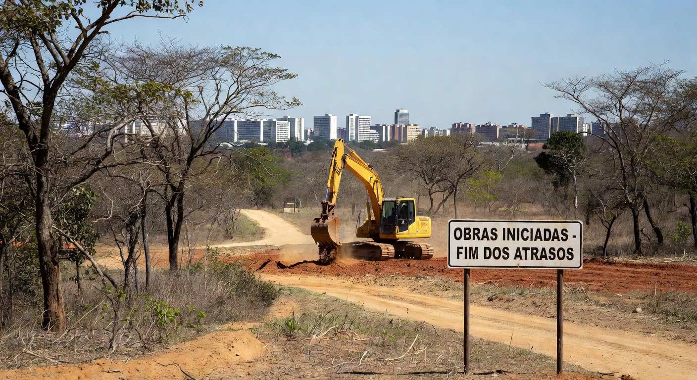 Máquinas de construção iniciando obras no Parque Ezechias Heringer, no Guará, após 30 anos de atrasos burocráticos.
