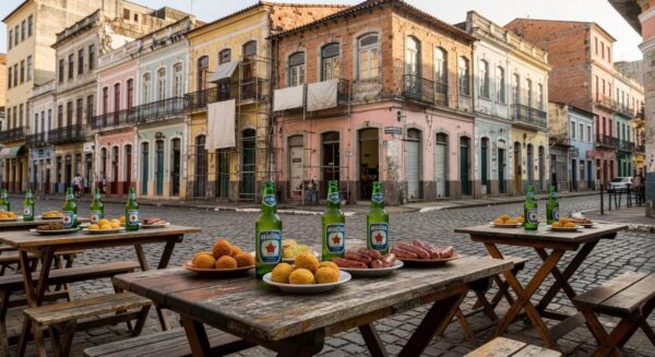 Boteco tradicional em rua de Belo Horizonte com petiscos e edifícios em revitalização, representando estreia no Comida de Buteco.