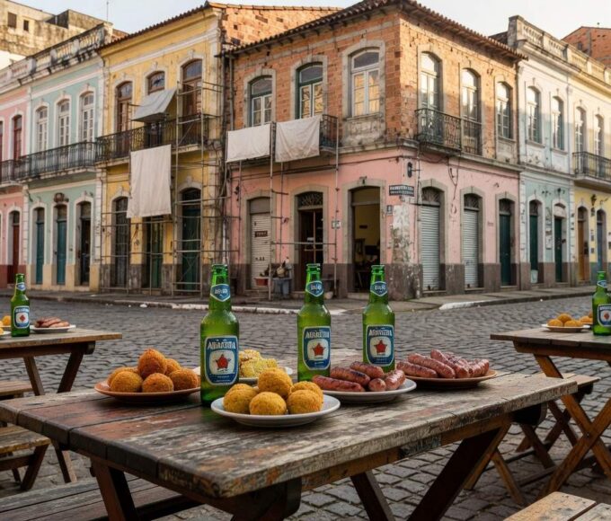 Boteco tradicional em rua de Belo Horizonte com petiscos e edifícios em revitalização, representando estreia no Comida de Buteco.