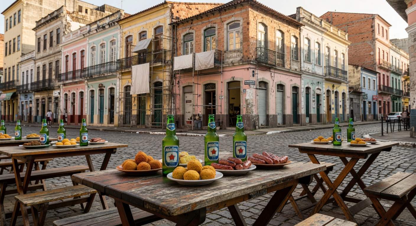 Boteco tradicional em rua de Belo Horizonte com petiscos e edifícios em revitalização, representando estreia no Comida de Buteco.