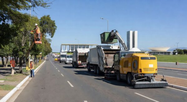 Equipamentos de zeladoria urbana em rua de Brasília, com ações de limpeza e manutenção pelo GDF e Novacap.