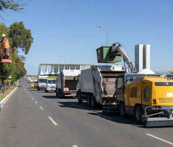 Equipamentos de zeladoria urbana em rua de Brasília, com ações de limpeza e manutenção pelo GDF e Novacap.