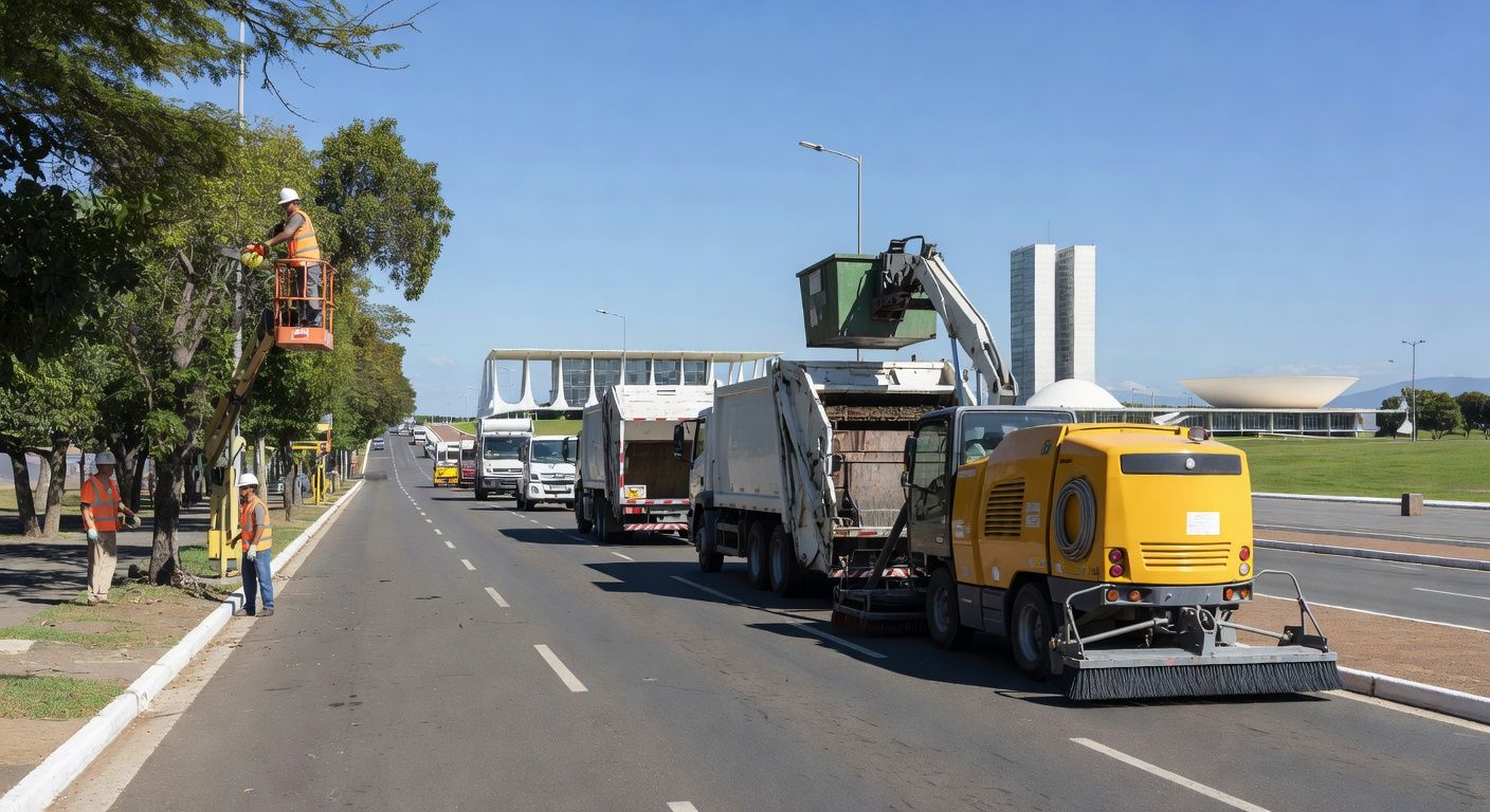 Equipamentos de zeladoria urbana em rua de Brasília, com ações de limpeza e manutenção pelo GDF e Novacap.