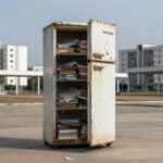 Geladeira velha com livros em praça no Guará, simbolizando retomada do projeto Geladeira do Livro amid críticas por demora e falta de investimentos.