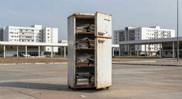 Geladeira velha com livros em praça no Guará, simbolizando retomada do projeto Geladeira do Livro amid críticas por demora e falta de investimentos.