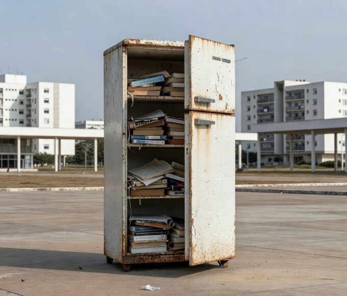 Geladeira velha com livros em praça no Guará, simbolizando retomada do projeto Geladeira do Livro amid críticas por demora e falta de investimentos.