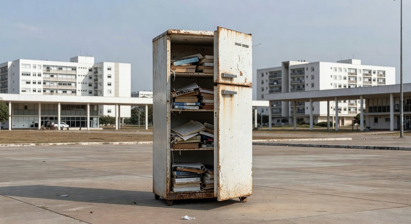 Geladeira velha com livros em praça no Guará, simbolizando retomada do projeto Geladeira do Livro amid críticas por demora e falta de investimentos.