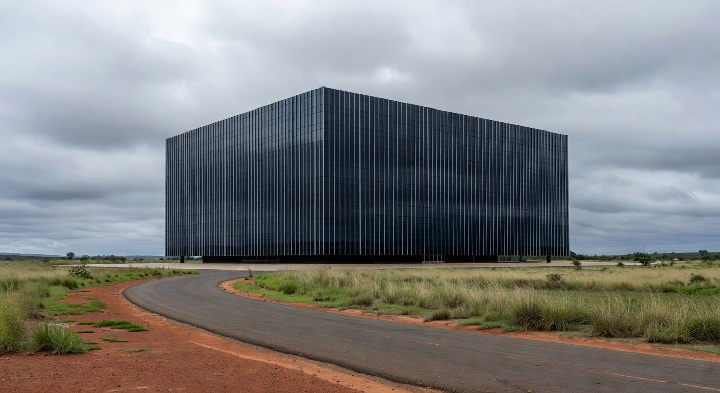 Sede da Caesb em Brasília com bandeira a meio mastro sob céu nublado, representando luto pelo falecimento de Marcelo Reis.