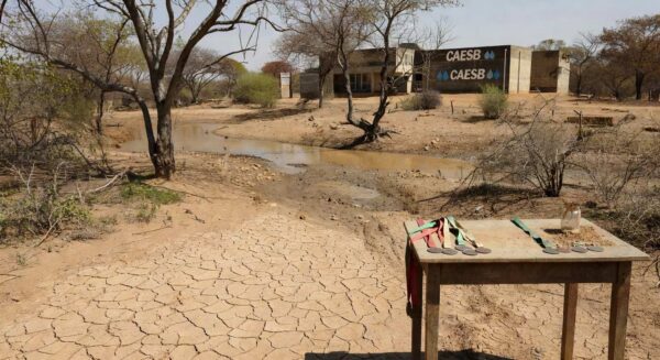 Nascente seca no DF contrastando com banner do Dia da Água, destacando perda ambiental.