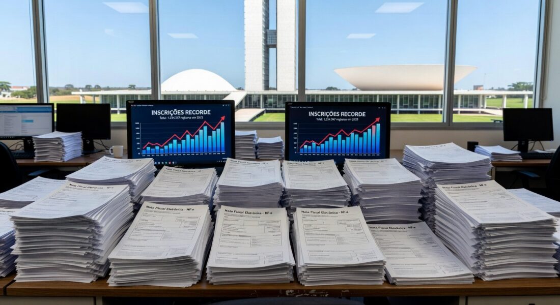 Mesa com notas fiscais e gráficos de inscrições no programa Nota Legal em Brasília, recorde de 1,6 milhão de participantes.