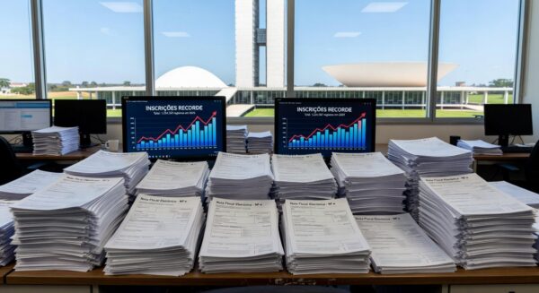 Mesa com notas fiscais e gráficos de inscrições no programa Nota Legal em Brasília, recorde de 1,6 milhão de participantes.