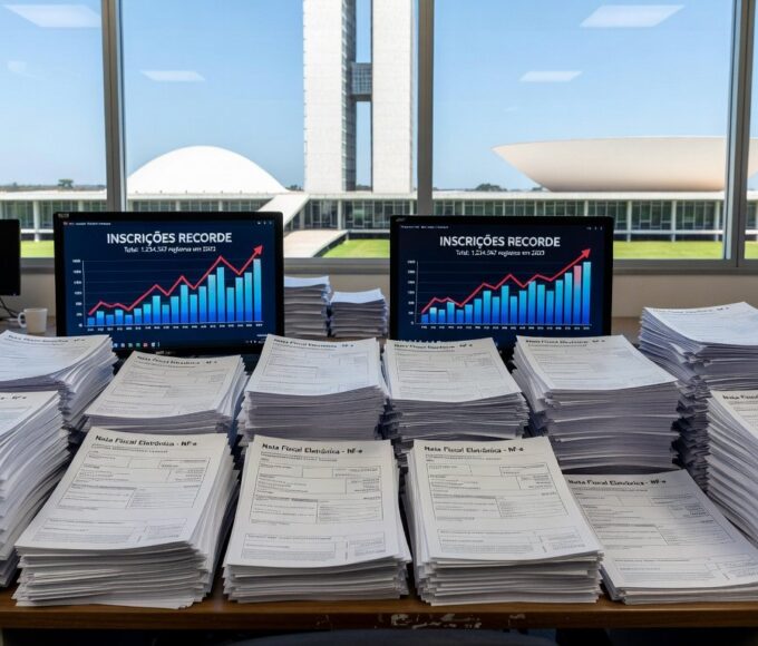 Mesa com notas fiscais e gráficos de inscrições no programa Nota Legal em Brasília, recorde de 1,6 milhão de participantes.