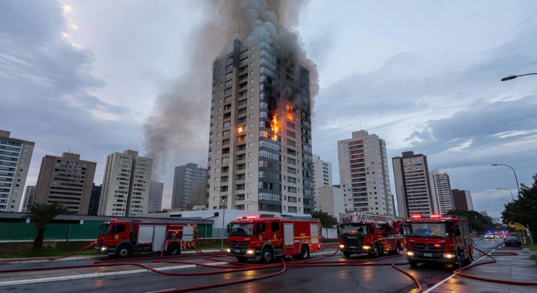 Incêndio em prédio residencial de Águas Claras com fumaça e caminhões de bombeiros no local.