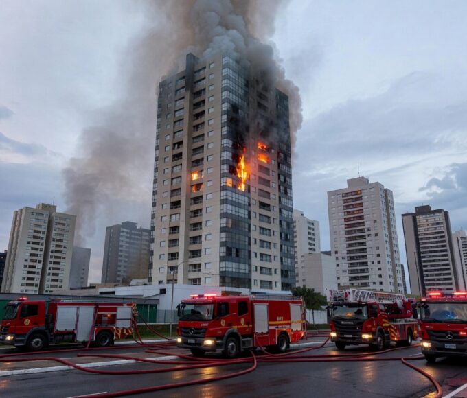 Incêndio em prédio residencial de Águas Claras com fumaça e caminhões de bombeiros no local.