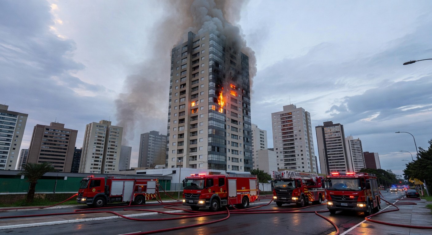 Incêndio em prédio residencial de Águas Claras com fumaça e caminhões de bombeiros no local.