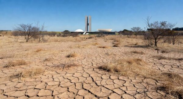 Paisagem seca em Brasília com solo rachado e vegetação murcha, destacando a seca e resposta tardia da Caesb com pontos de hidratação.